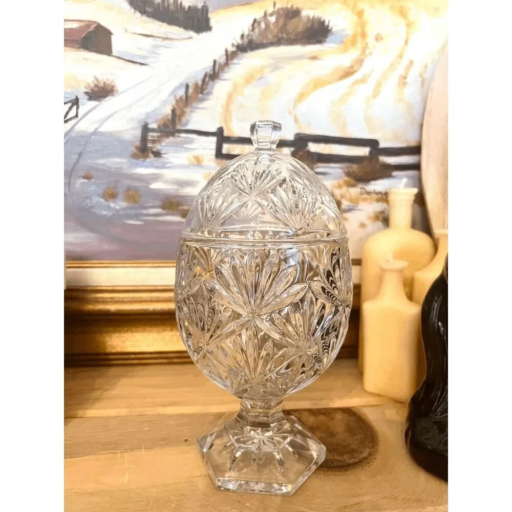 Vintage Egg Shaped Pressed Crystal Covered Candy Dish — Footed Pedestal, 9